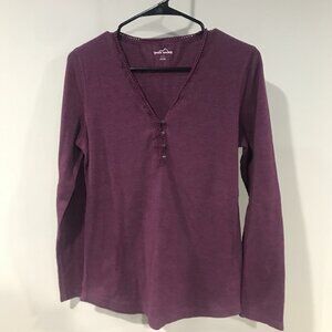 Eddie Bauer Womens Longsleeve Shirt - Large - Wine - Lace Hem Collar